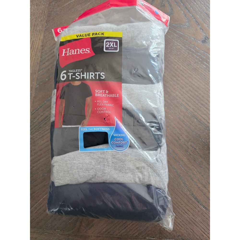 Hanes Mens Crew Neck T-Shirt 6pk Black Gray Blue XXL 2XL